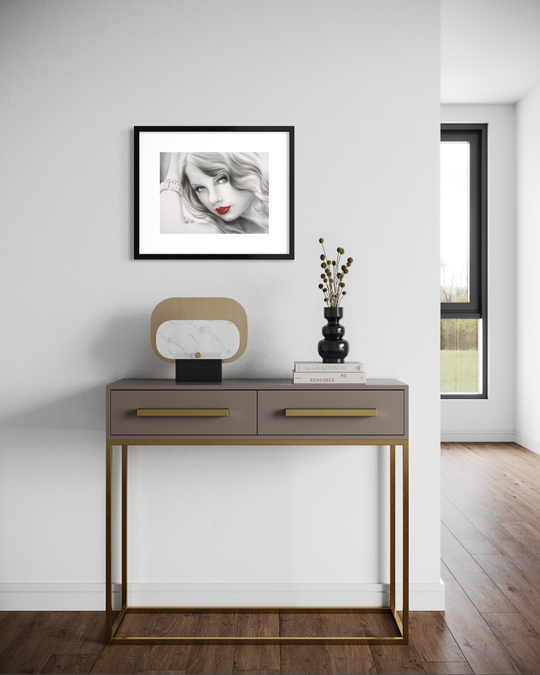 Modern console table with decorative items in a minimalistic room. Taylor swift red lips glamorous paper reproduction limited edition fine art print by shenshen