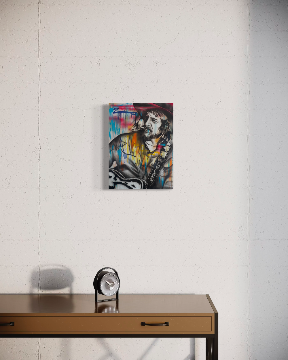 Abstract painting on a white wall above a wooden desk with a clock. Waylon Jennings limited edition reproduction fine art print by ShenShen.