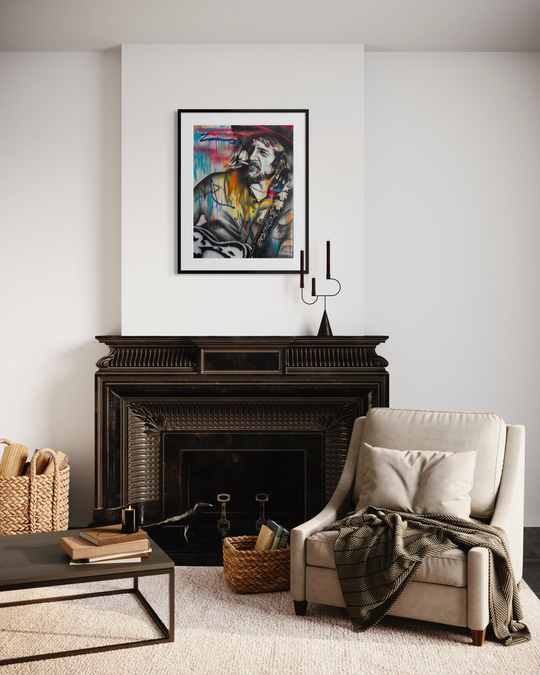 Living room with a fireplace, armchair, and abstract art on the wall. Waylon Jennings limited edition reproduction fine art print by ShenShen.
