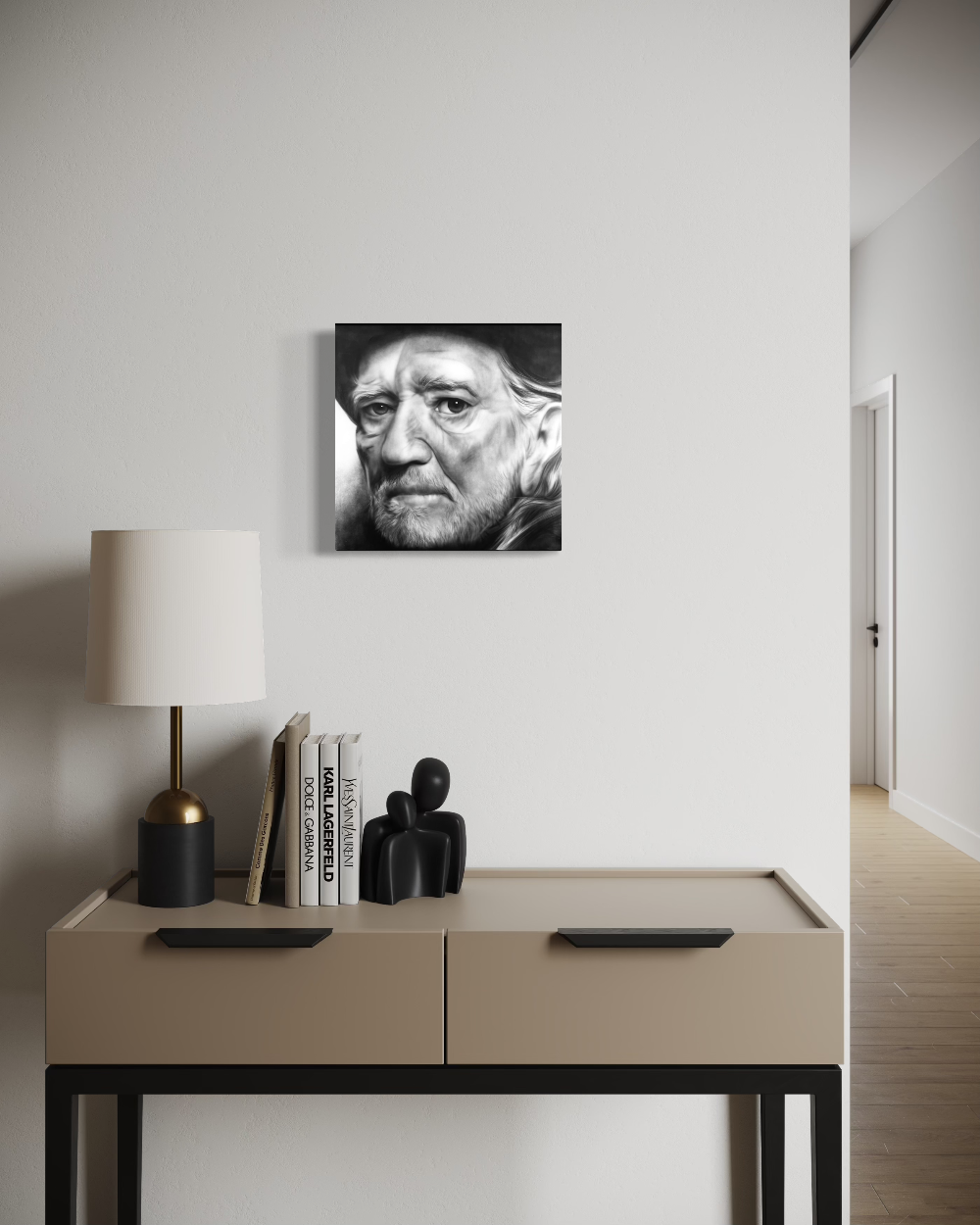Modern interior with a beige console table, lamp, books, and decorative items against a white wall with a framed portrait. Willie Nelson limited edition reproduction fine art print by ShenShen.