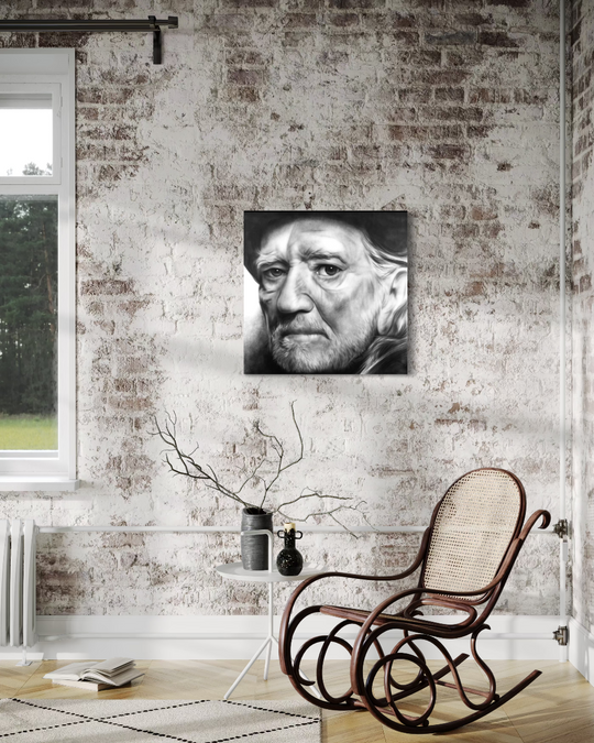 Living room with a portrait of a man on the wall, a rocking chair, and a window. Willie Nelson limited edition reproduction fine art print by ShenShen.