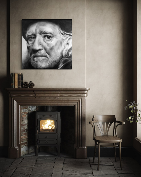 Room interior with a fireplace, chair, and portrait above the mantel. Willie Nelson limited edition reproduction fine art print by ShenShen.
