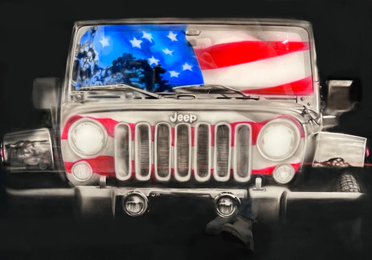 American Jeep is a airbrush painting of a Jeep popping out of a black background the Jeep also has an American Flag reflecting on the windshield. 