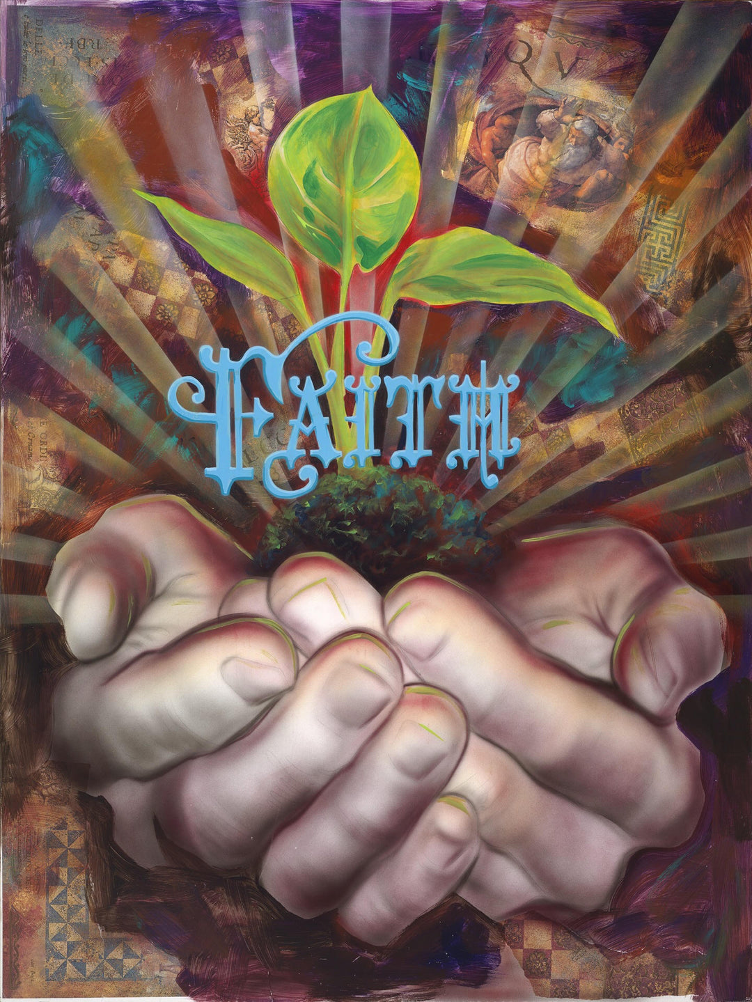 A canvas giclée print featuring a composition of hands and a sprouting plant with vibrant colors and urban textures.
