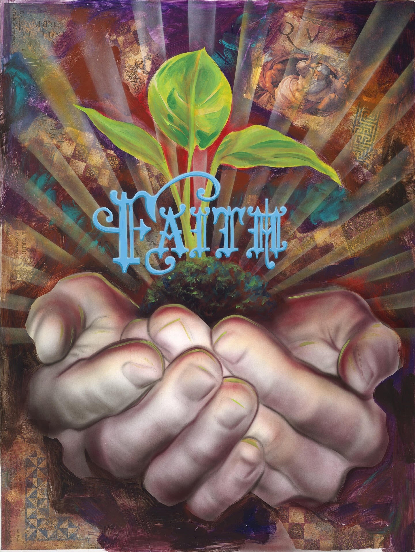 A canvas giclée print featuring a composition of hands and a sprouting plant with vibrant colors and urban textures.