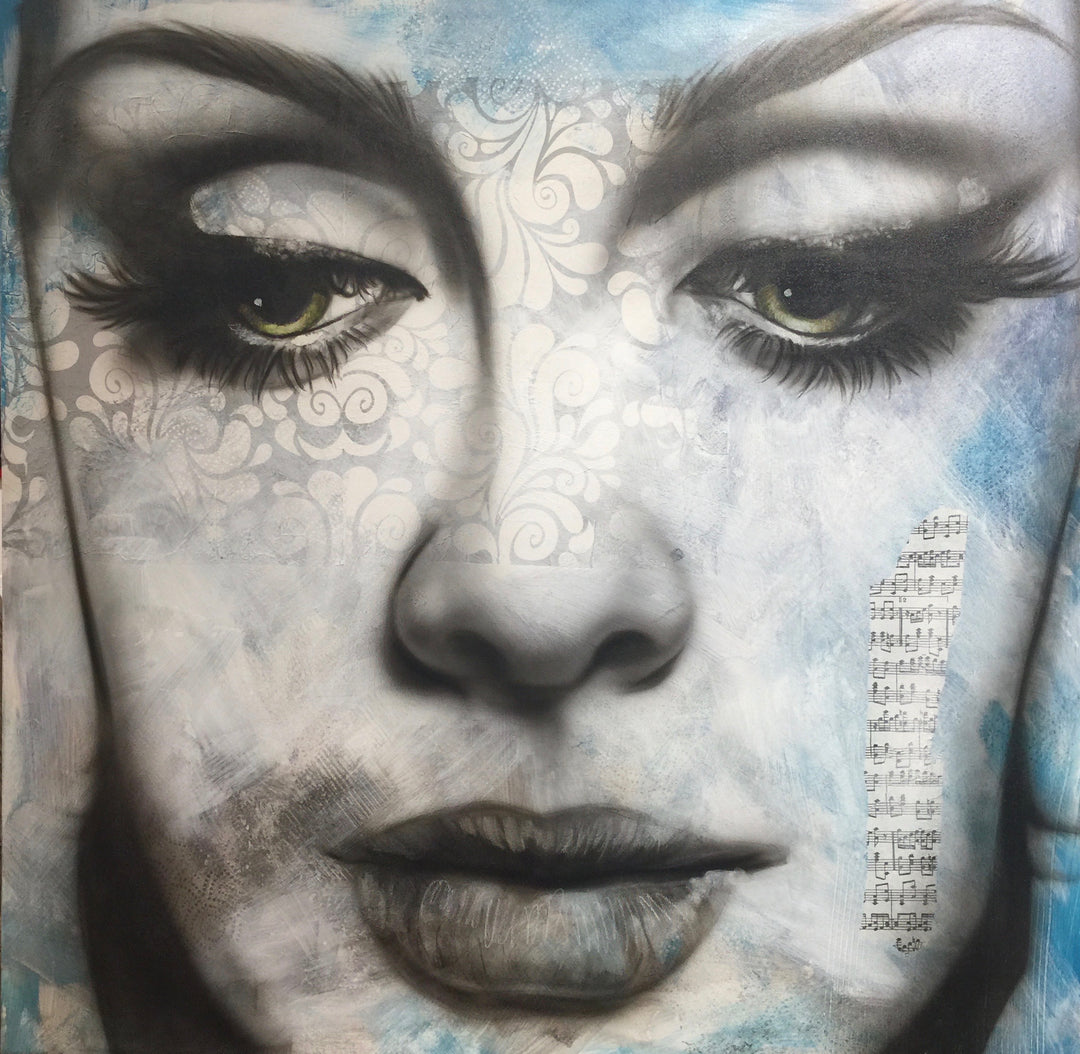 "Adele" is featured in this painting. with light colors such as blue and white and hints of black, would be a beautiful addition for a collectors home.