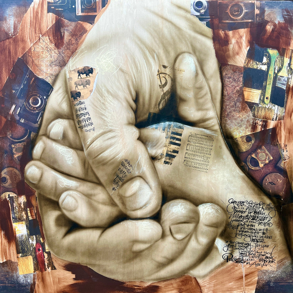 A canvas giclée print featuring two hands clasped together with a background containing vintage elements such as maps and tools.