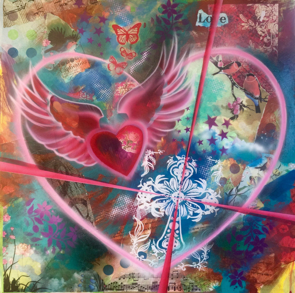 A vibrant and colorful artwork featuring a radiant heart with wings, butterflies, and a luminous white cross on a multicolored background with floral and abstract patterns.